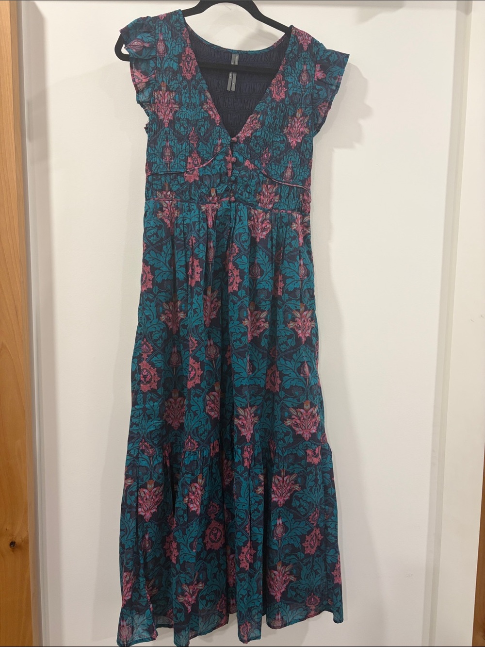 Anthropologie 100% Cotton Teal Maxi Dress with Pink Floral Print Size Small - Picture 1 of 9